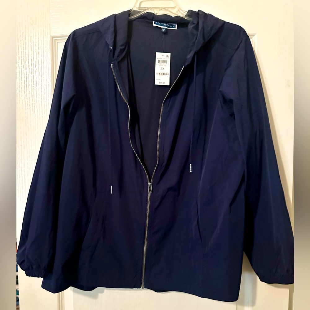 Karen Scott Hooded Zip Up Windbreaker Navy Blue Size 2X. NEW With Tags!